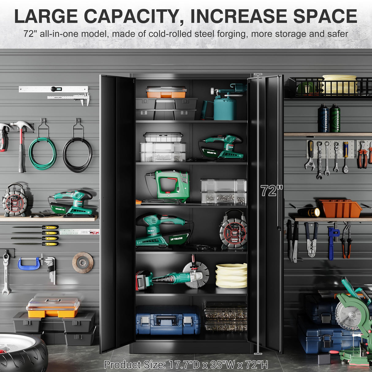 Metal Garage Storage Cabinet with 2 Doors and 5 Adjustable Shelves 72" Pantry Cabinet Utility Storage Cabinet Locking Steel Storage Cabinet Utility SISESOL