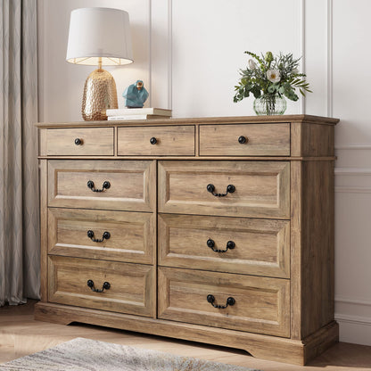 LINSY HOME Dresser for Bedroom, 9 Drawer Long Dresser with Antique Handles, Wood Chest of Drawers for Living Room, Entryway and Hallway, Rustic Brown