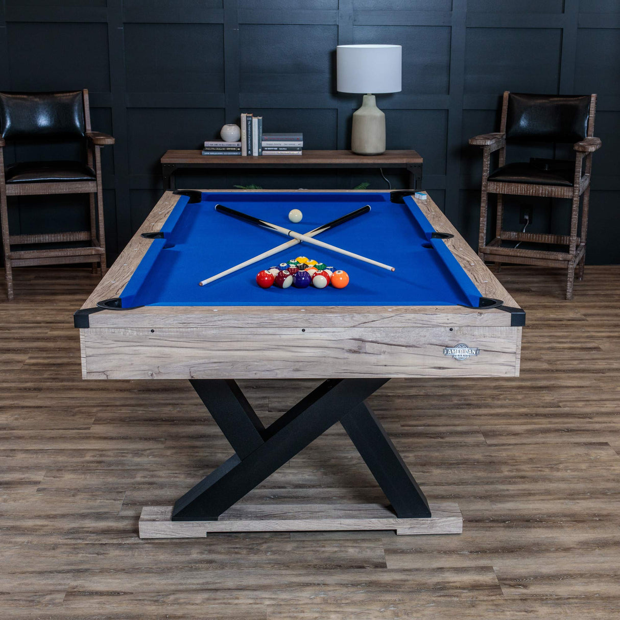 American Legend Kirkwood 84” Billiard Table with Rustic Blond Finish, K-Shaped Legs and Royal Blue Cloth American Legend