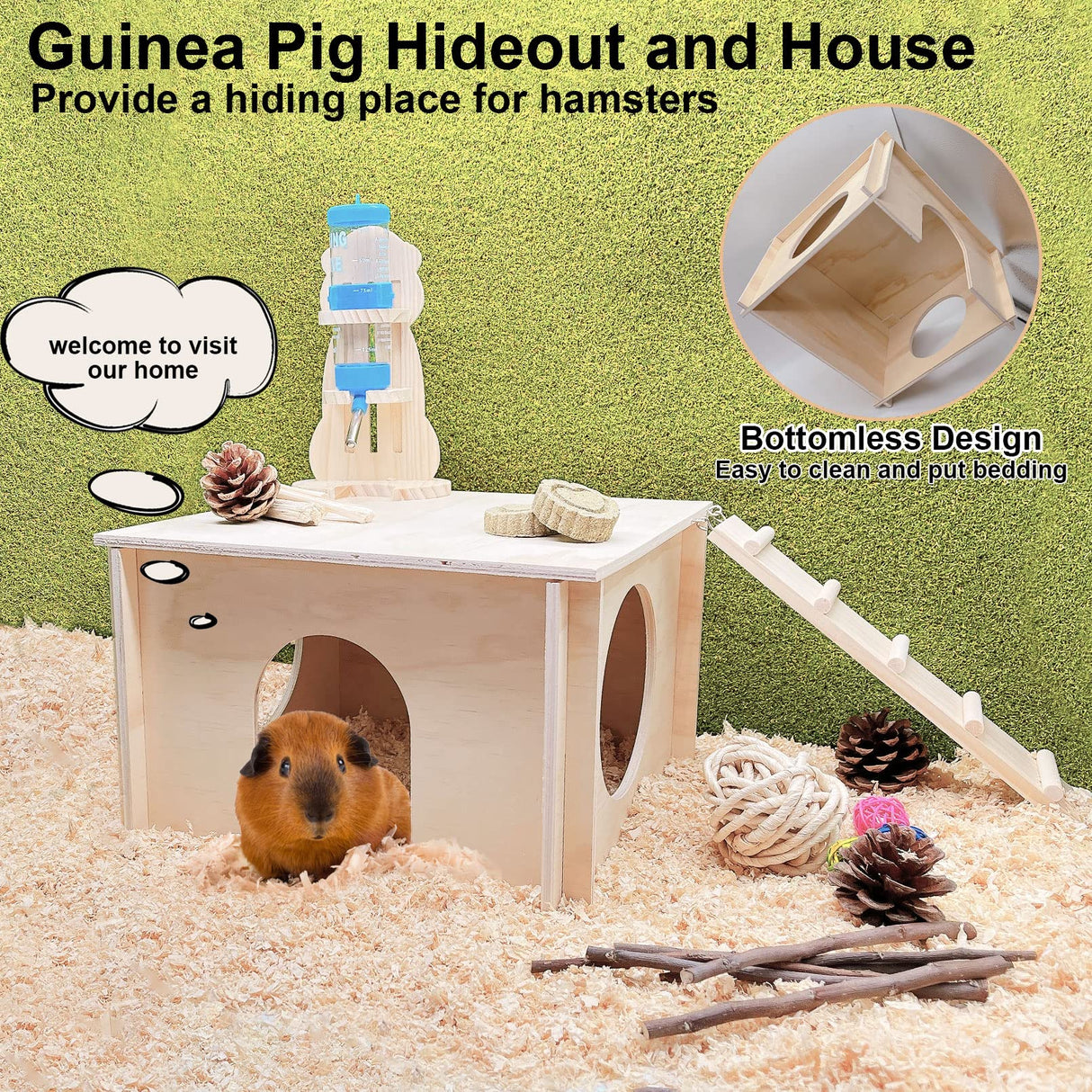 kathson Guinea Pig Hideout, Small Animal Hideaway Wooden House with Window and Ladder, Suitable for Hamsters, Chinchillas Small Animals kathson