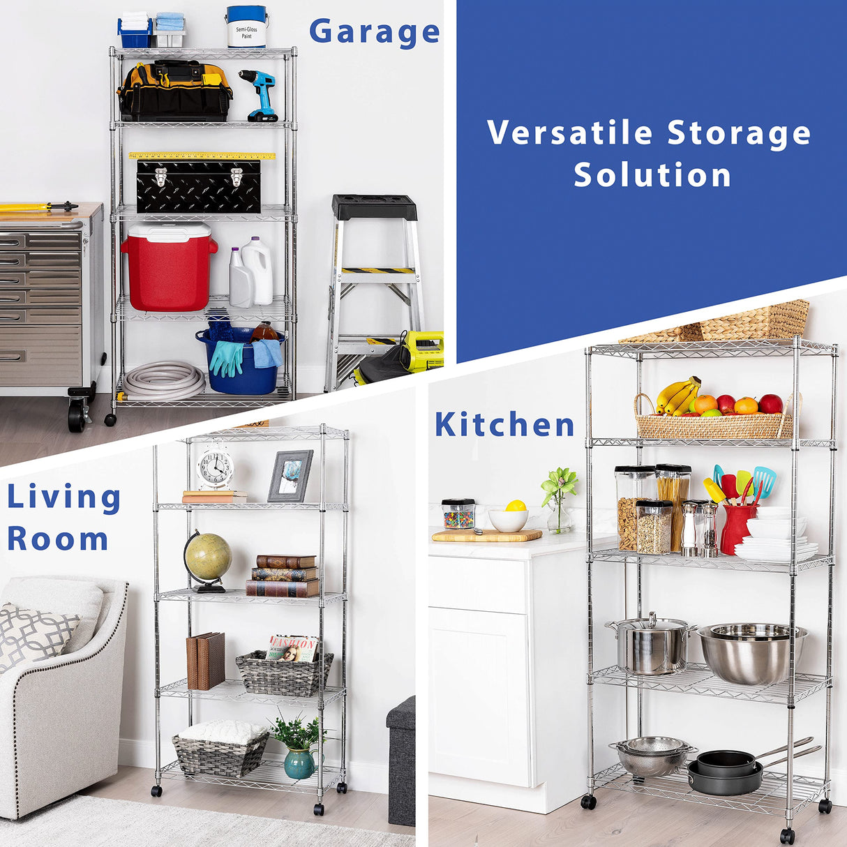 Seville Classics 5-Tier Wire Shelving with Wheels, 5-Tier, 30"" W x 14"" D (NEW MODEL), Chrome Plating, Plated Steel Seville Classics