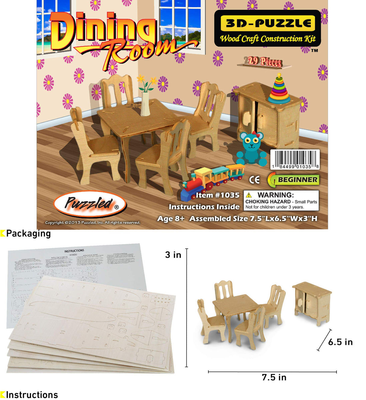 Puzzled 3D Puzzle Dining Room Dollhouse Set Wood Craft Construction Model Kit, Fun & Educational DIY Wooden Toy Assemble Model Unfinished Crafting Puzzled