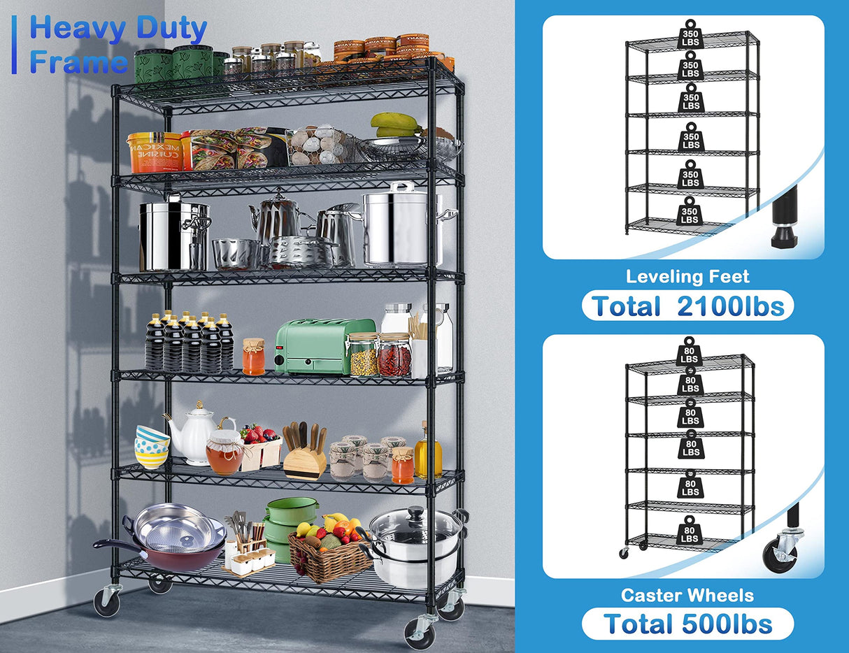 6 Tier 2100lbs Wire Shelves, 48" D x 18" W x 82" H Metal Shelves for Storage Heavy Duty, Storage Racks with Wheels, Height Adjustable, Wire Rack MKDLUFEI