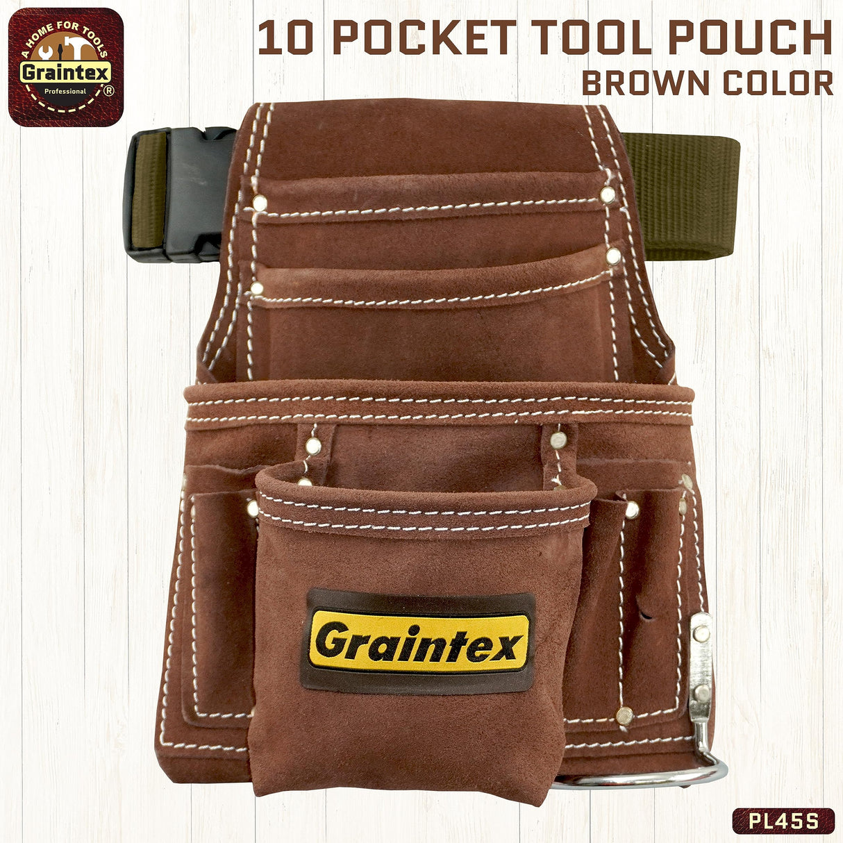 Graintex PL45S 10 Pocket Nail and Tool Pouch Suede Leather with 2" Webbing Belt Graintex