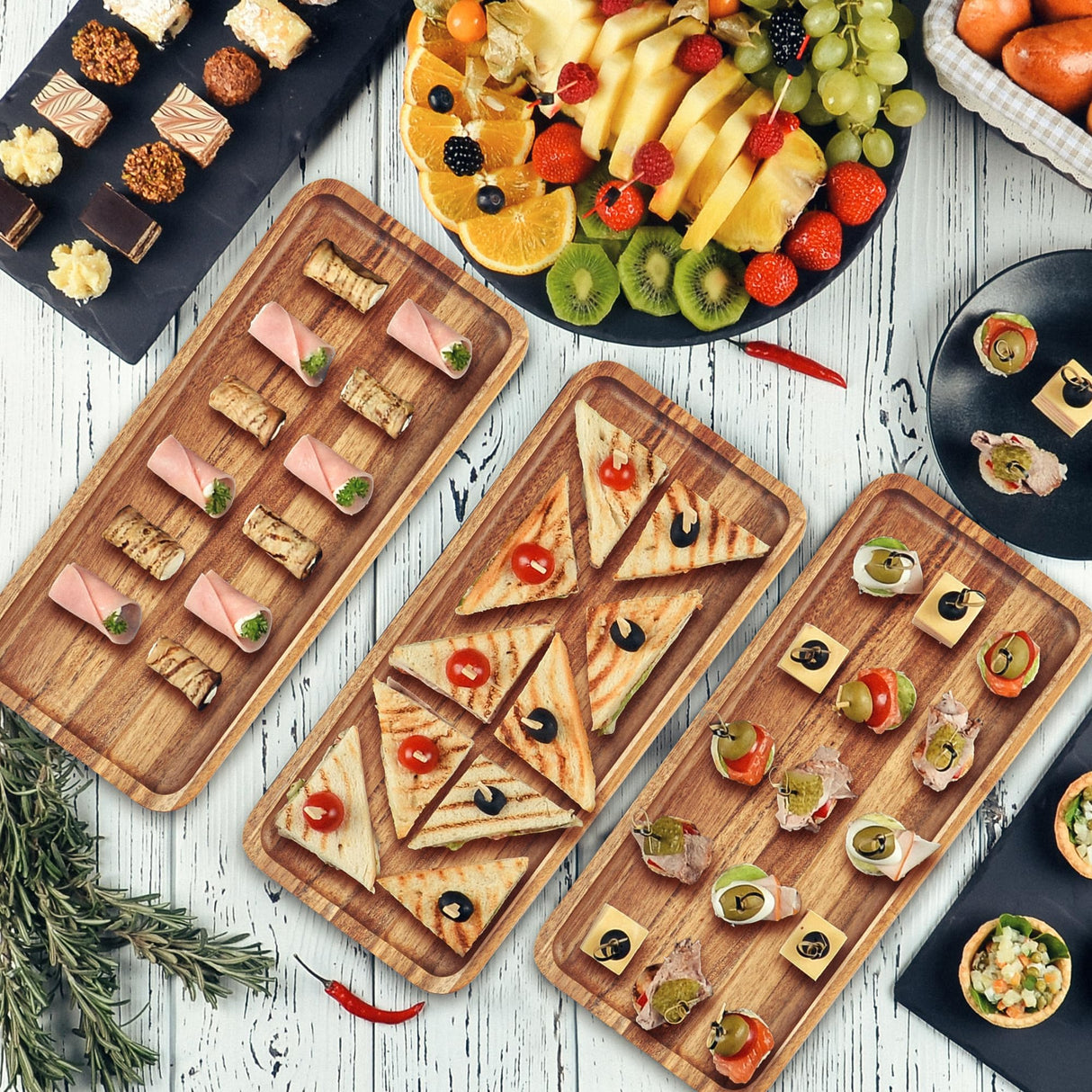 Acacia Wood Serving Trays, Set of 3 Wooden Serving Platters for Home Decor, Food, Cheese, Fruit, Vegetables, Charcuterie, Appetizer Serving Tray(11.8 Anyvape