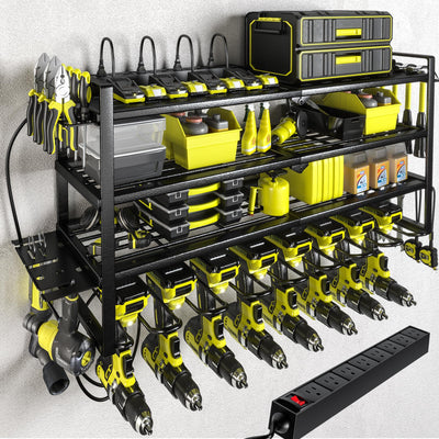 KAFAHOM Power Tool Organizer with Charging Station.Garage 8 Drill Holder Built in 8 Outlets Power Strip,Tool Storage Shelf Wall Mount,Tool Battery