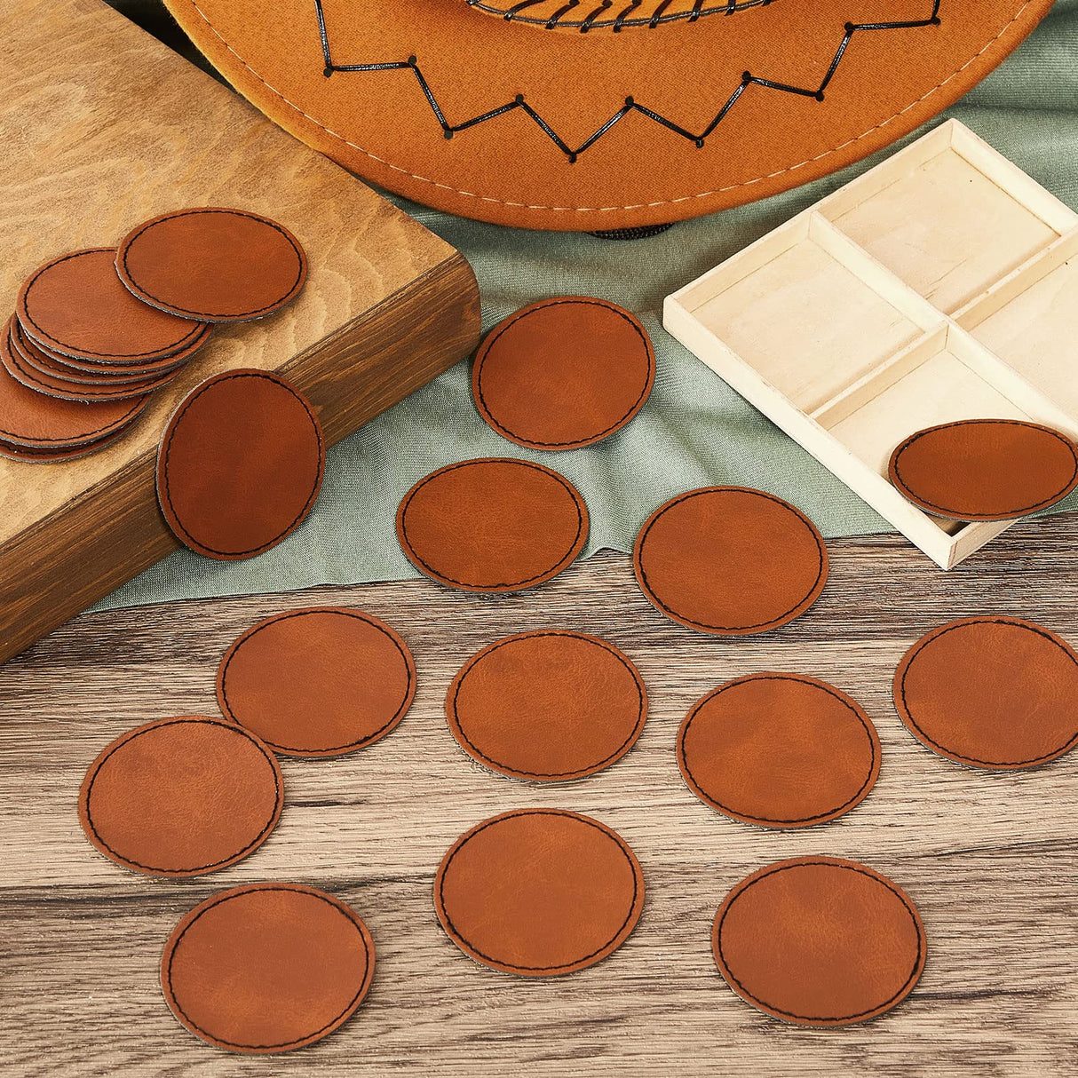 30 Pcs Blank Leather Hat Patches with Adhesive Round Laserable Leatherette Patch Brown Faux Leather Patches Glowforge Laser Supplies for Hats, Dunzy