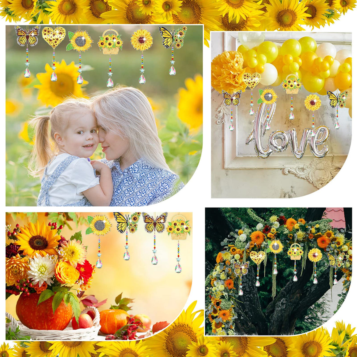 Tradder 6 Pcs 5D Sunflower Wind Chimes Kit Double Sided Butterfly Ornaments with Pendant for Summer Home Garden Hanging Ornament (2) Tradder