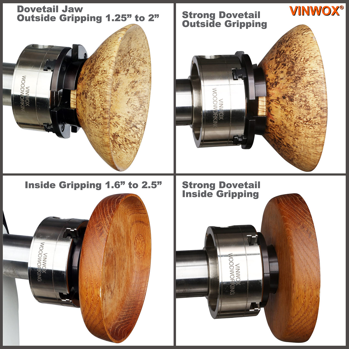 VINWOX SCK4-3.5NV-SET Mini, Midi and Heavy-Duty 3-1/2” Wood Lathe Gear Chuck Set, Wood Lathe Key Chuck Set, 4-Jaw Self-Centering Chuck, 1"x8TPI VINWOX