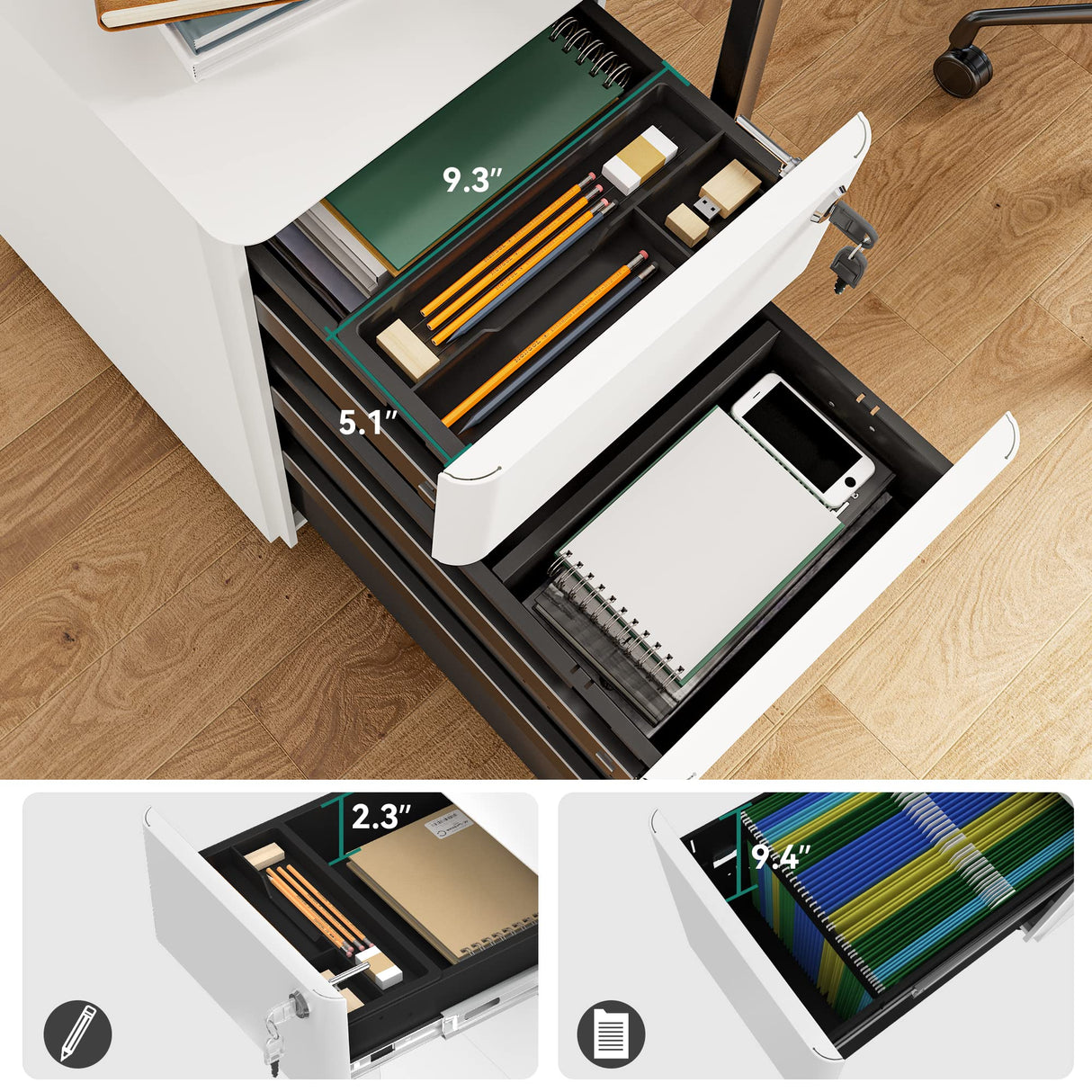 YITAHOME 3-Drawer Metal Filing Drawers with Keys, Compact Slim Portable File Pre-Built Office Storage Cabinet for A4/Letter/Legal (White) YITAHOME