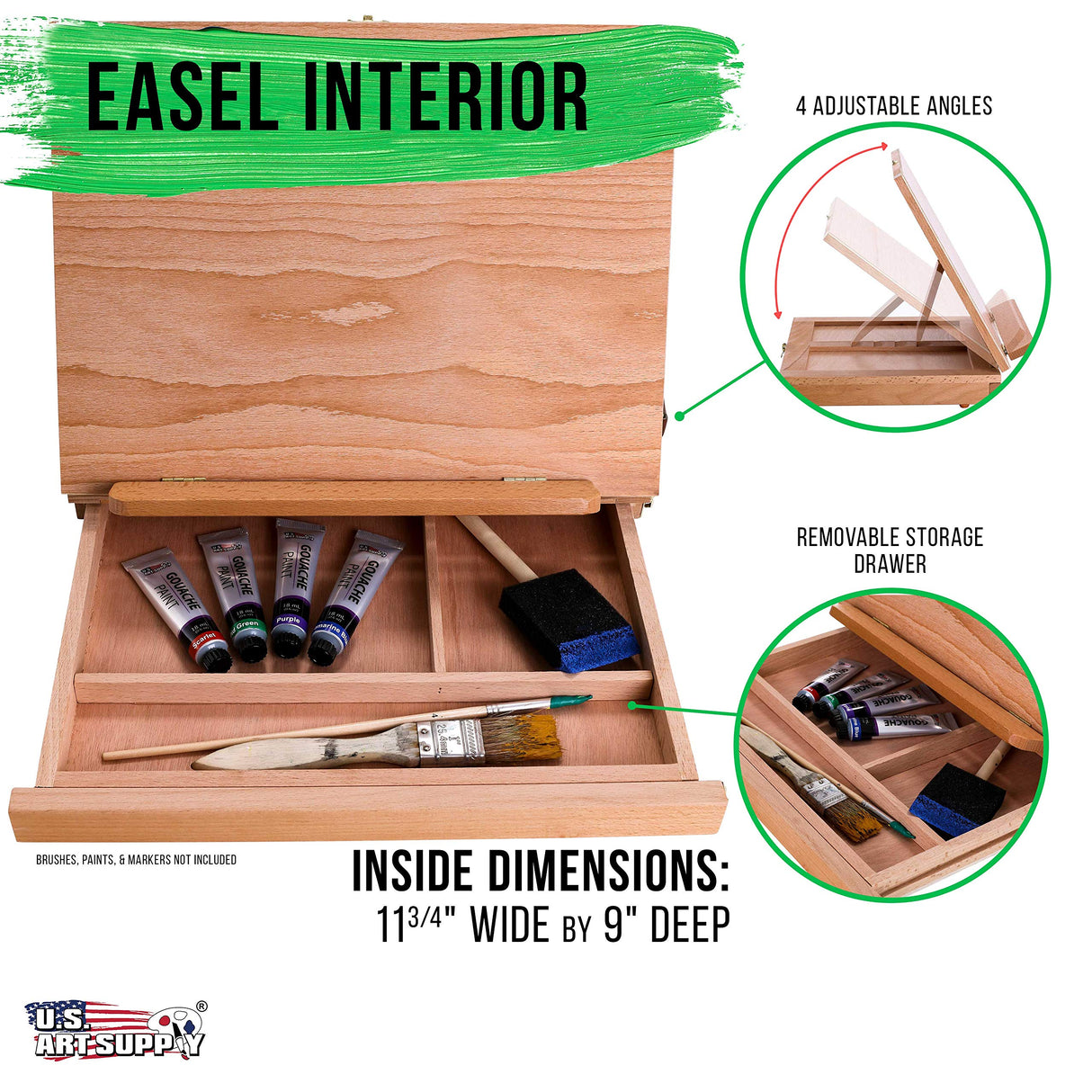 U.S. Art Supply Solid Solana Adjustable Wood Desk Table Easel with Storage Drawer, Paint Palette, Premium Beechwood - Portable Solid Wooden Artist US Art Supply