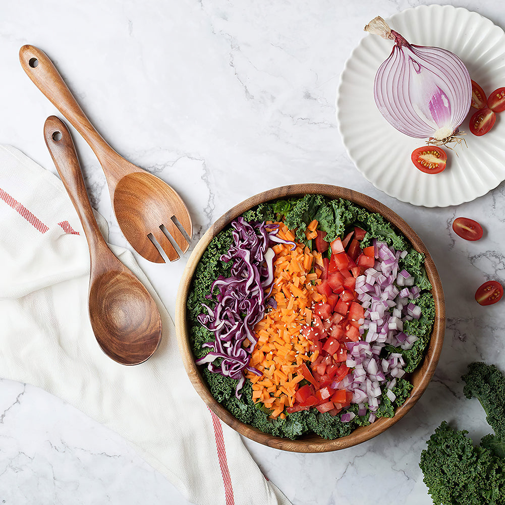 AOOSY Wooden Salad Bowls, Large Acacia Wood Salad Serving Bowl with Serving Tongs, 9.3" D x 2.8" H Round Bowls Set for Mixing Fruits Cereal Pasta AOOSY