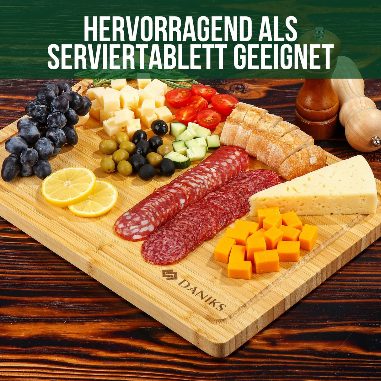 Daniks 100% Organic Bamboo Cutting Board for Kitchen | Heavy Duty Wood Chopping Board | Extra-Thick Cutting Board for Serving, Meat and Veggies | Daniks