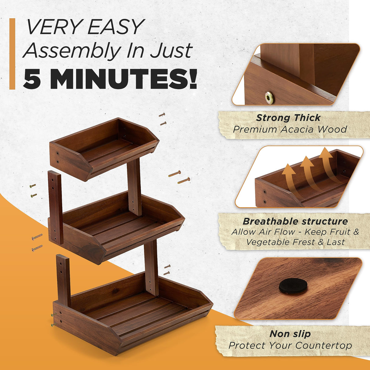 HOLANA Acacia Wood Fruit Basket - 3-Tier Fruit Bowl for Kitchen Counter, Extra Large 16x12.5x18 in, Fruteros Para Cocina, Fruit and Vegetable Storage HOLANA