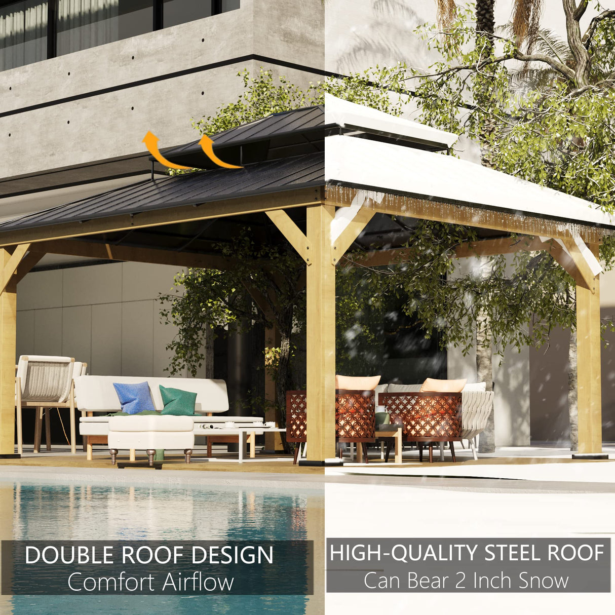 Joyside Wood Gazebo with Mosquito Netting 13 x 11 ft. Wood Patio Gazebo - Cedar Wood Framed Gazebo with Steel Frame Gable Roof Hardtop Gazebo for Joyside