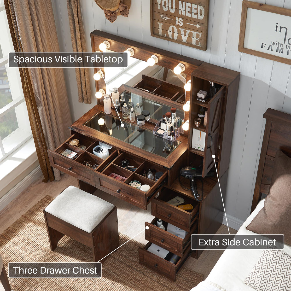 JXQTLINGMU Farmhouse Vanity Makeup Desk with Charging Station, 43" W Vanity Desk with Lights Mirror and Drawers for Makeup, Big Modern Makeup Vanity JXQTLINGMU