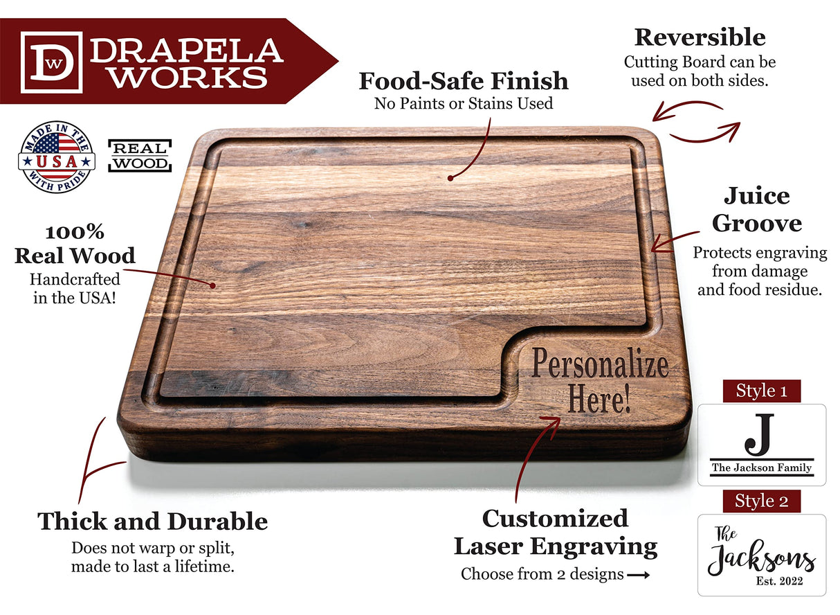 Custom Cutting Boards Wood Engraved Cutting Board Personalized, USA Made - Thick Maple/Walnut Personalized Cutting Boards Wood Engraved, Personalized Drapela Works