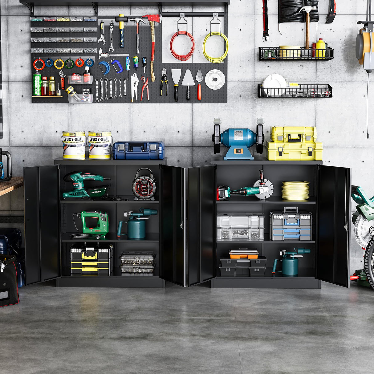 STANI Metal Storage Cabinet with 2 Adjustable Shelves, Steel Counter Cabinet with Lockable Doors for Home Office Warehouse Garage (Black, 36" H-Style STANI