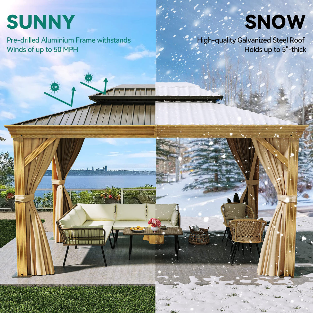 YITAHOME 10x12ft Hardtop Gazebo with Nettings and Curtains, Wood Grain Heavy Duty Double Roof Galvanized Steel Outdoor Combined of Vertical Stripes YITAHOME