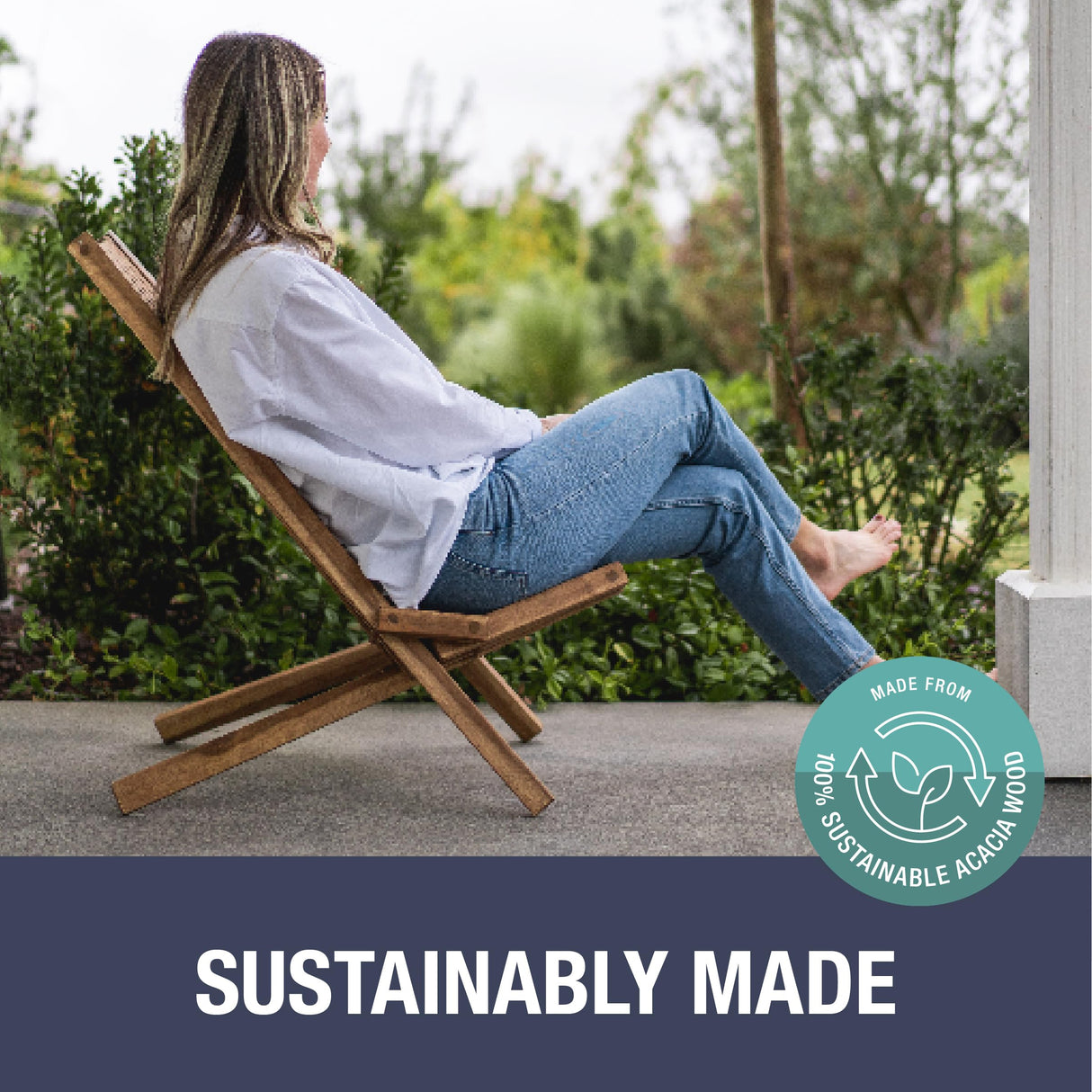 CleverMade Tamarack Folding Wooden Outdoor Chair -Stylish Low Profile Acacia Wood Lounge Chair for the Patio, Porch, Lawn, Garden or Home Furniture - CleverMade