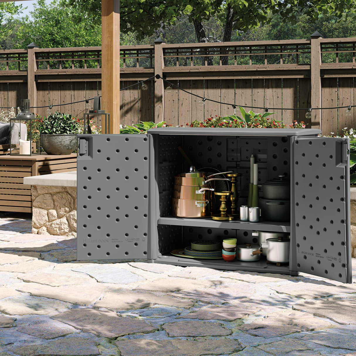Suncast Outdoor Storage Cabinet with Pad-Lockable Doors, Freestanding Outdoor Patio Storage Unit, 42" W x 23" D x 35.5" H, Cool Gray Suncast