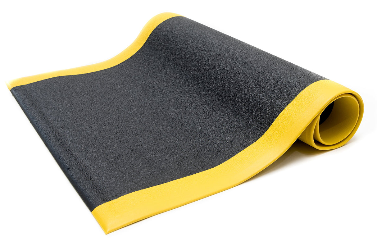 Bertech Anti Fatigue Floor Mat (Made in USA), 3 Feet Wide x 12 Feet Long x 3/8 Inches Thick, Textured Pattern Top, Black with Yellow Border, Bevelled Bertech