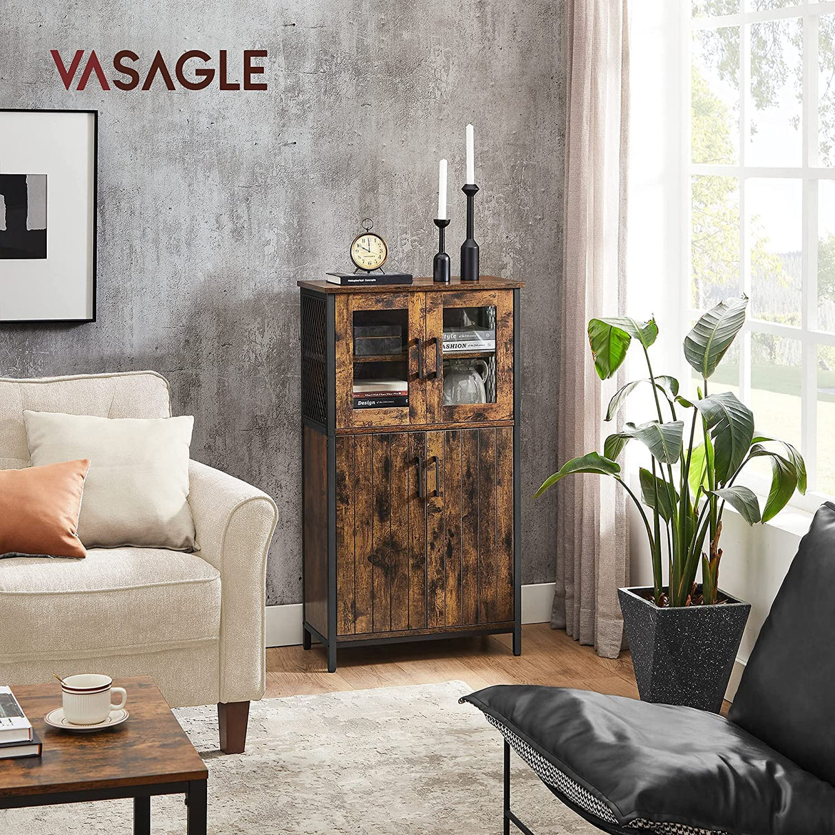 VASAGLE Pantry, Storage Cabinet with Door and Adjustable Shelf, for Living Room Kitchen, Industrial Style, Rustic Brown and Black ULSC260B01 VASAGLE