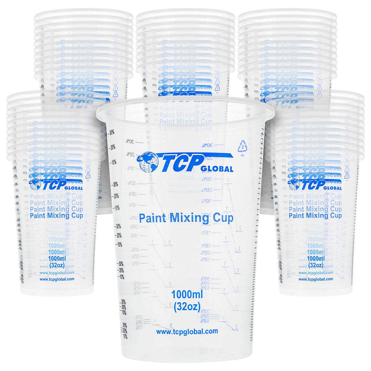 TCP Global 32 Ounce (1000ml) Disposable Flexible Clear Graduated Plastic Mixing Cups - Box of 50 Cups - Use for Paint, Resin, Epoxy, Art, Kitchen, TCP Global