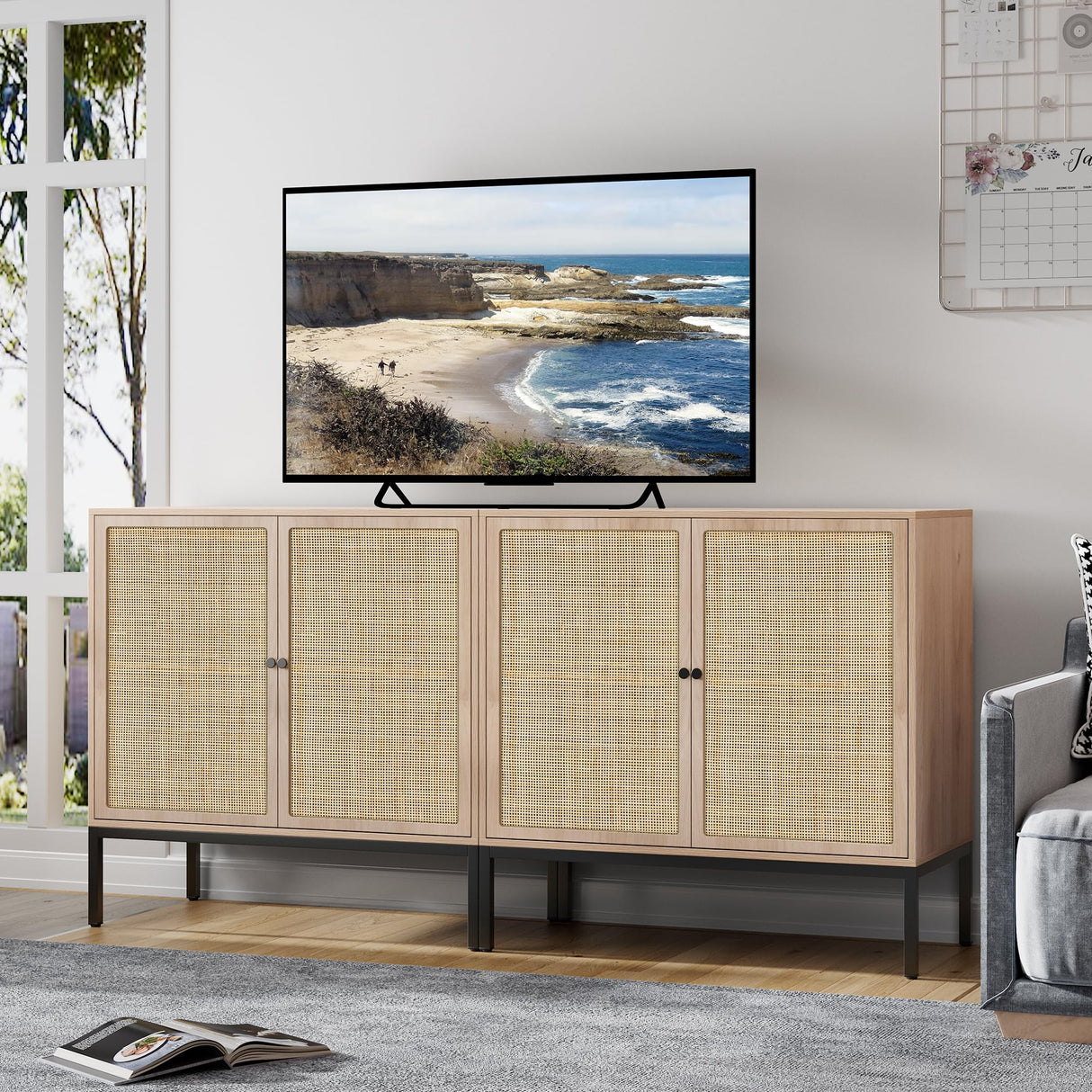 Brafab Set of 2 Sideboard Buffet Cabinet with Storage, Sideboard Cabinet with Natural Rattan Decorated Doors, Rattan Cabinet, for Living Room, Brafab