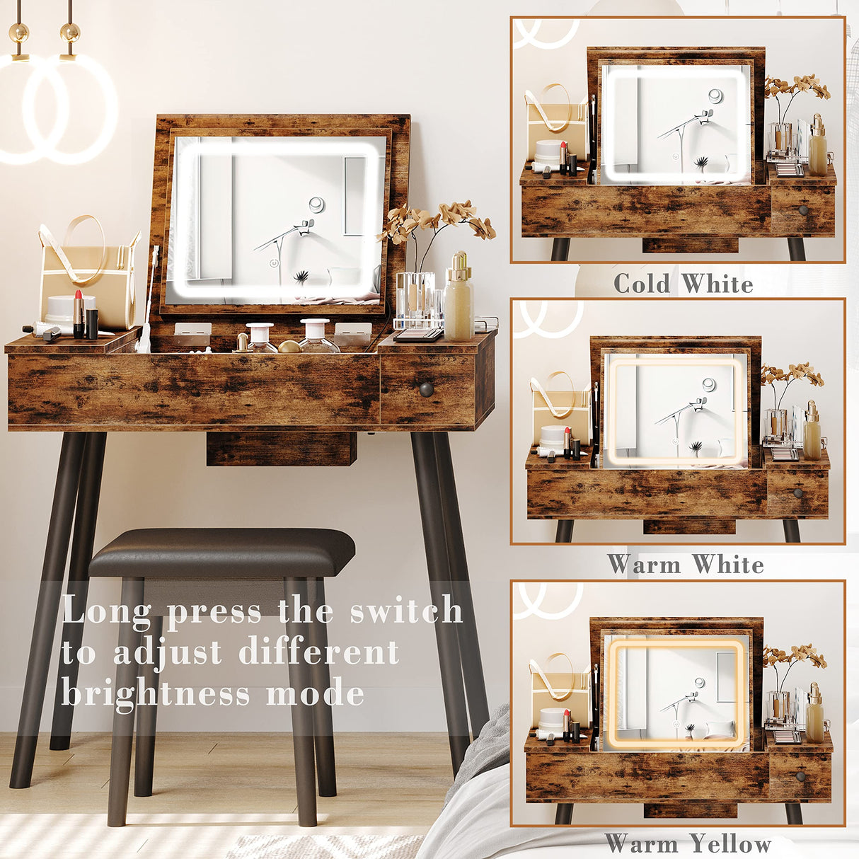 IRONCK Vanity Desk Set with LED Lighted Mirror & Power Outlet, Flip Top Makeup Vanity Table with Drawers & Cabinet,for Bedroom, Bathroom, Vintage IRONCK