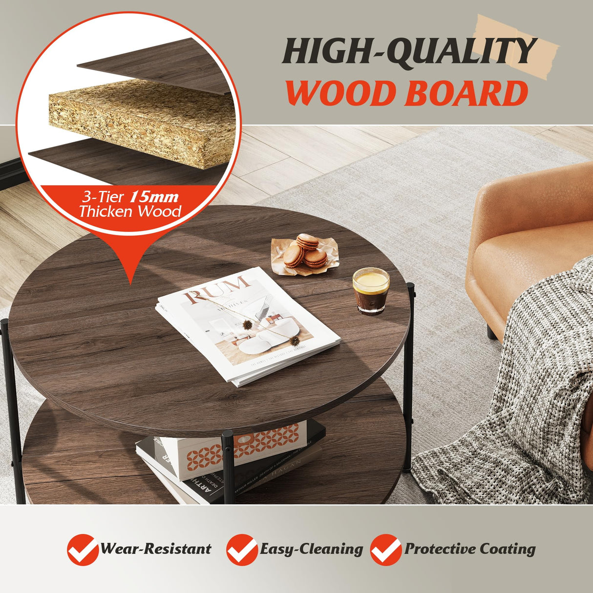 WLIVE Round Coffee Table, Living Room Table with 2-Tier Storage Shelf,32in Wood Modern Coffee Table with Metal Frame and Wood Desktop,Easy WLIVE