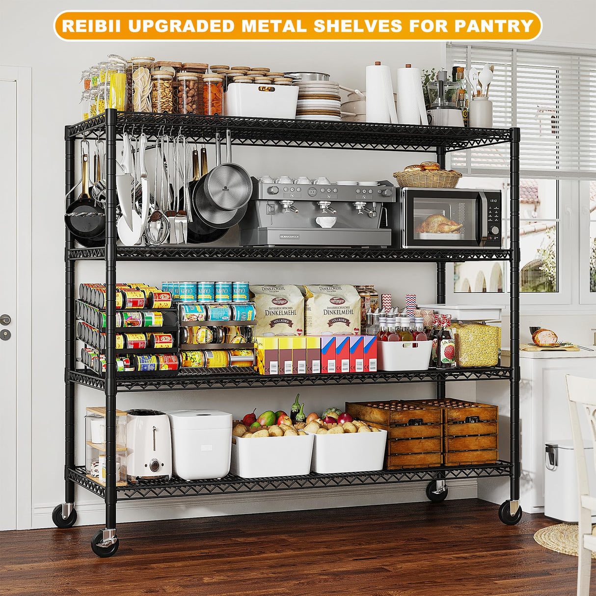 REIBII 55.5''W Storage Shelves 2500LBS Wire Shelving Unit with Wheels Heavy Duty Metal Shelves for Storage Adjustable Garage Storage Rack Pantry REIBII