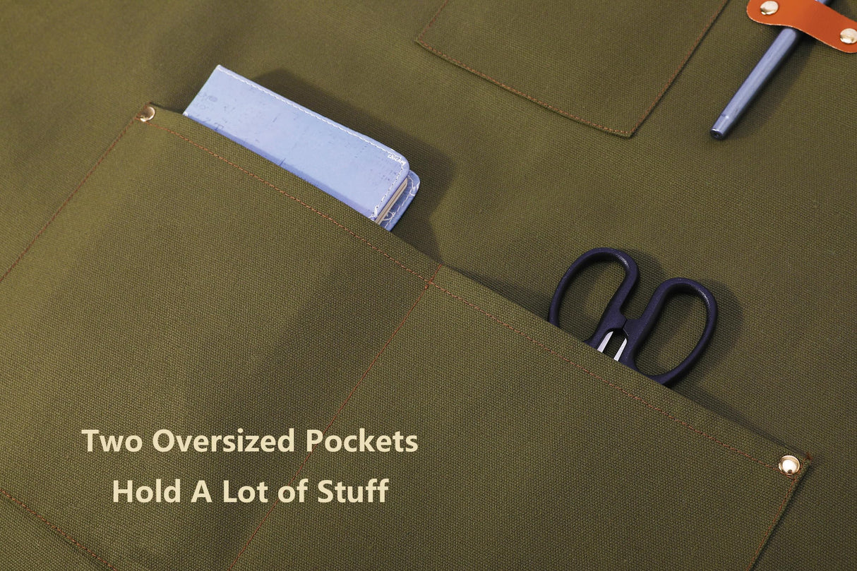 AFUN Chef Aprons for Women Men with Large Pockets, Cotton Canvas Cross Back Water Repellent Work Apron, Size M to XXL (Greygreen) AFUN