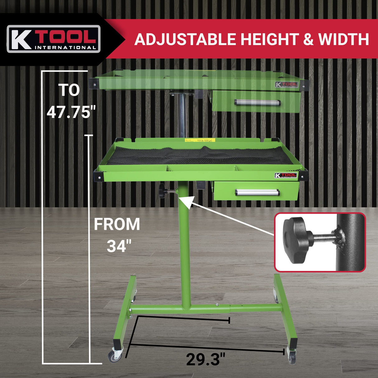 K Tool International 75108 Adjustable Tear Down Work Table with Drawer for Garages, Repair Shops, and DIY, Portable, (4) 2" Swivel Casters, 220 Pound K Tool International