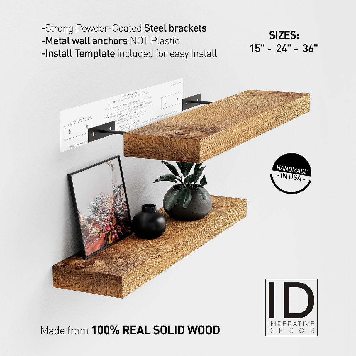 Imperative Décor Floating Wall Shelves Set of 2 - Functional & Rustic Wooden Shelve for Home Furnishing, Bathroom, Kitchen, & Farmhouse - USA Imperative Décor