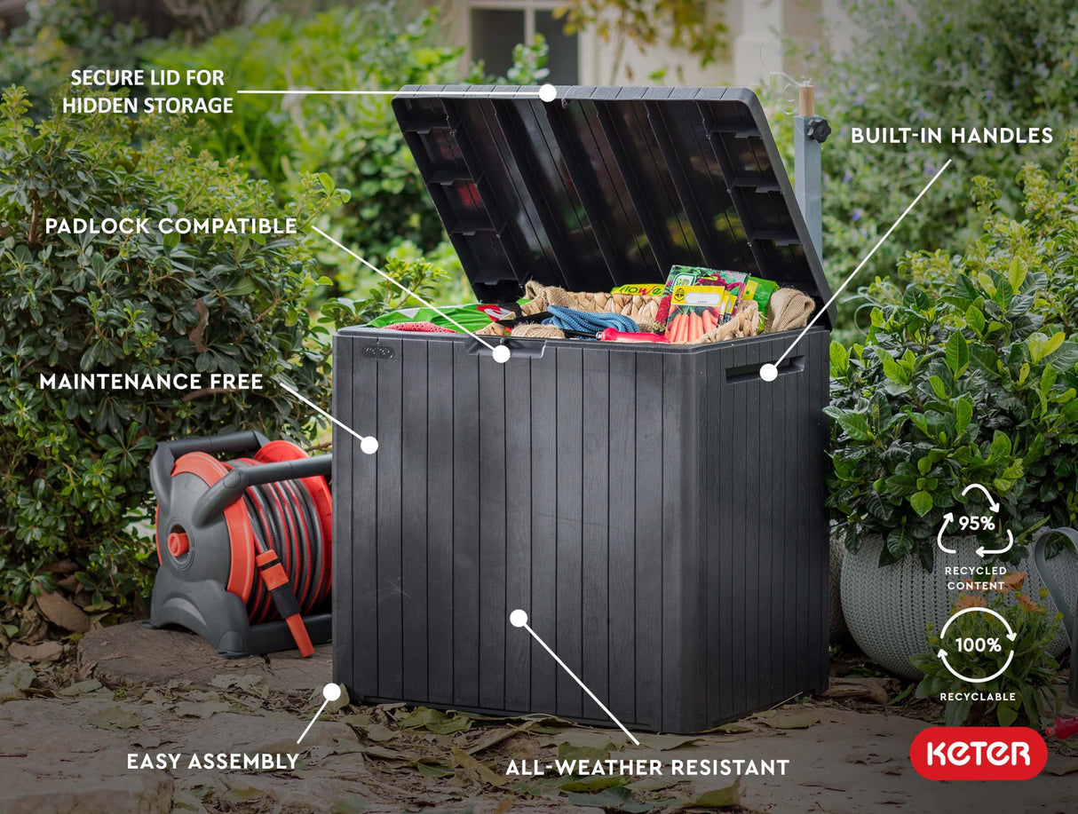 Keter City 30 Gallon Resin Deck Box for Patio Furniture, Pool Accessories, and Storage for Outdoor Toys, Grey Keter