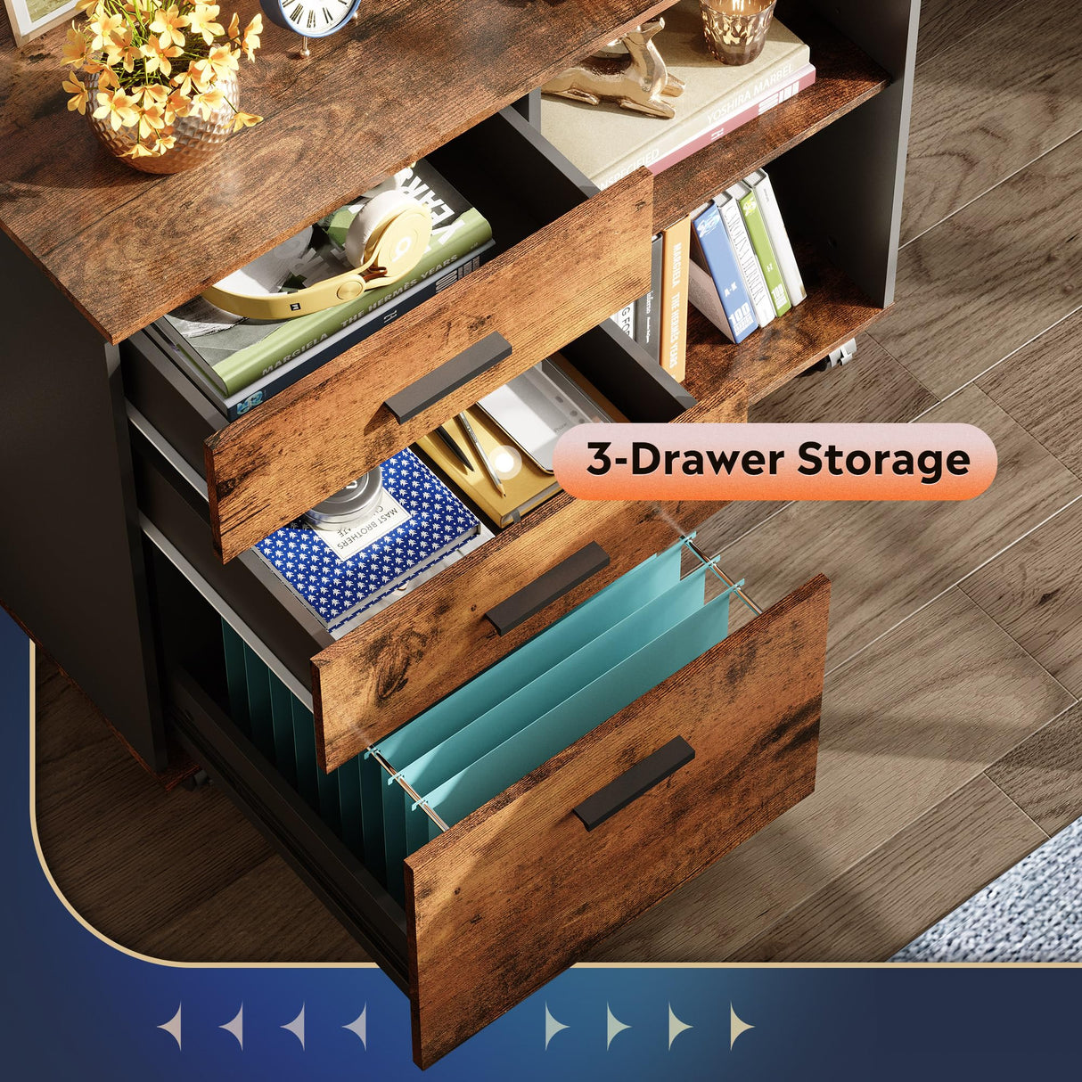 DEVAISE 3-Drawer Wood File Cabinet, Mobile Lateral Filing Cabinet, Printer Stand with Open Storage Shelves for Home Office, Rustic Brown DEVAISE