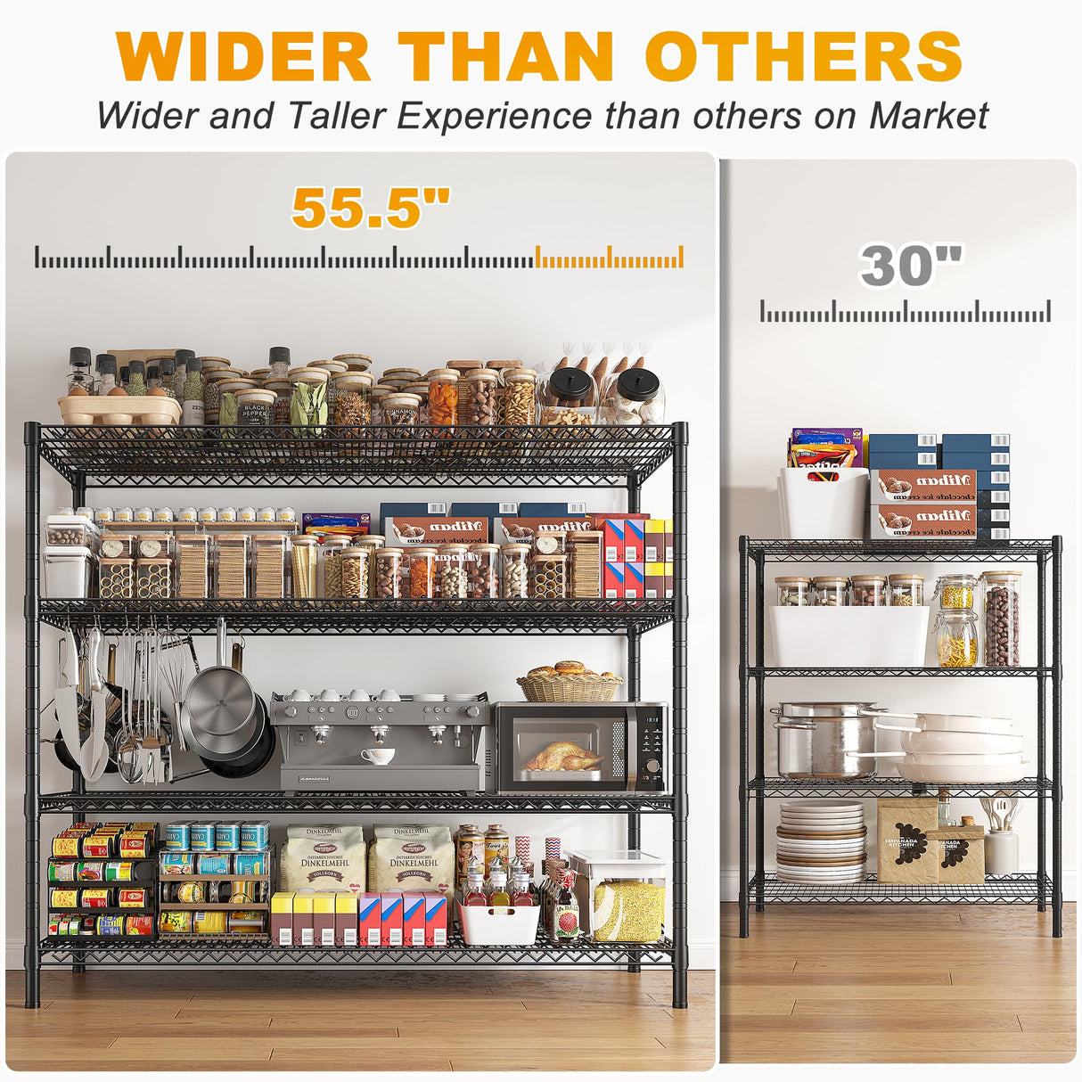 REIBII 55.5''W Storage Shelves 2500LBS Wire Shelving Rack with Wheels 75.6" H Heavy Duty Shelving Unit Adjustable Metal Shelves for Storage Rack REIBII