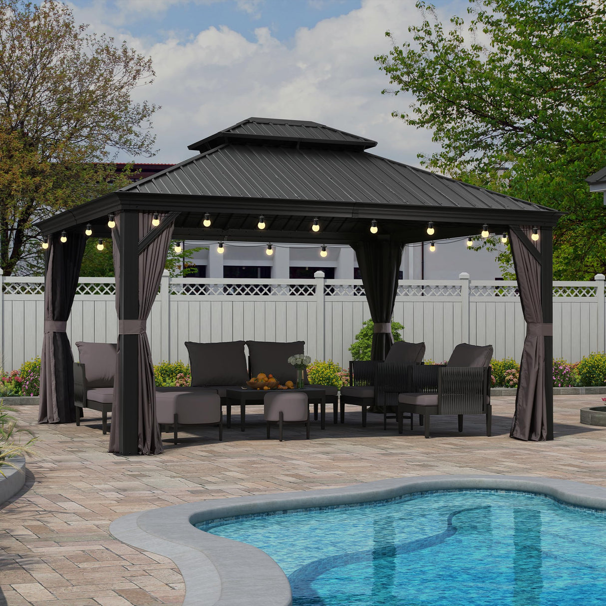PURPLE LEAF 12' X 14' Patio Gazebo with Light Permanent Hardtop Gazebo with Metal Roof for Outdoor Lawn and Garden Grey PURPLE LEAF