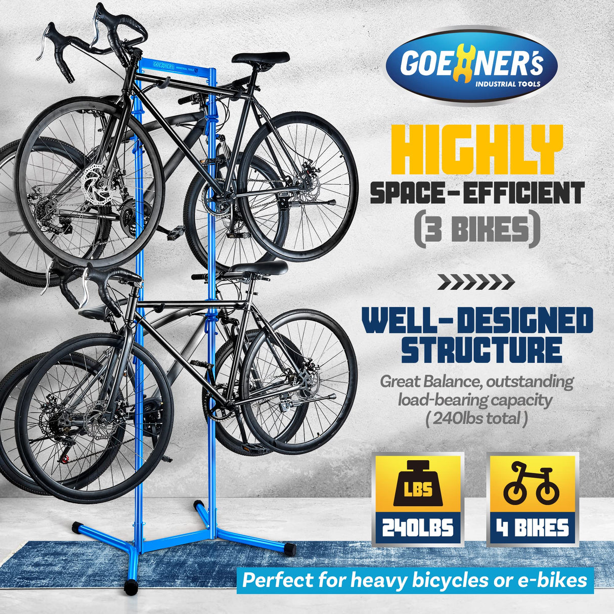GOEHNER's 4 Bike Storage Rack Garage (Max. 240LBS), 4 Bicycle Indoor Standing Bike Rack, Height Adjustable for Road Mountain Bicycles GOEHNER's