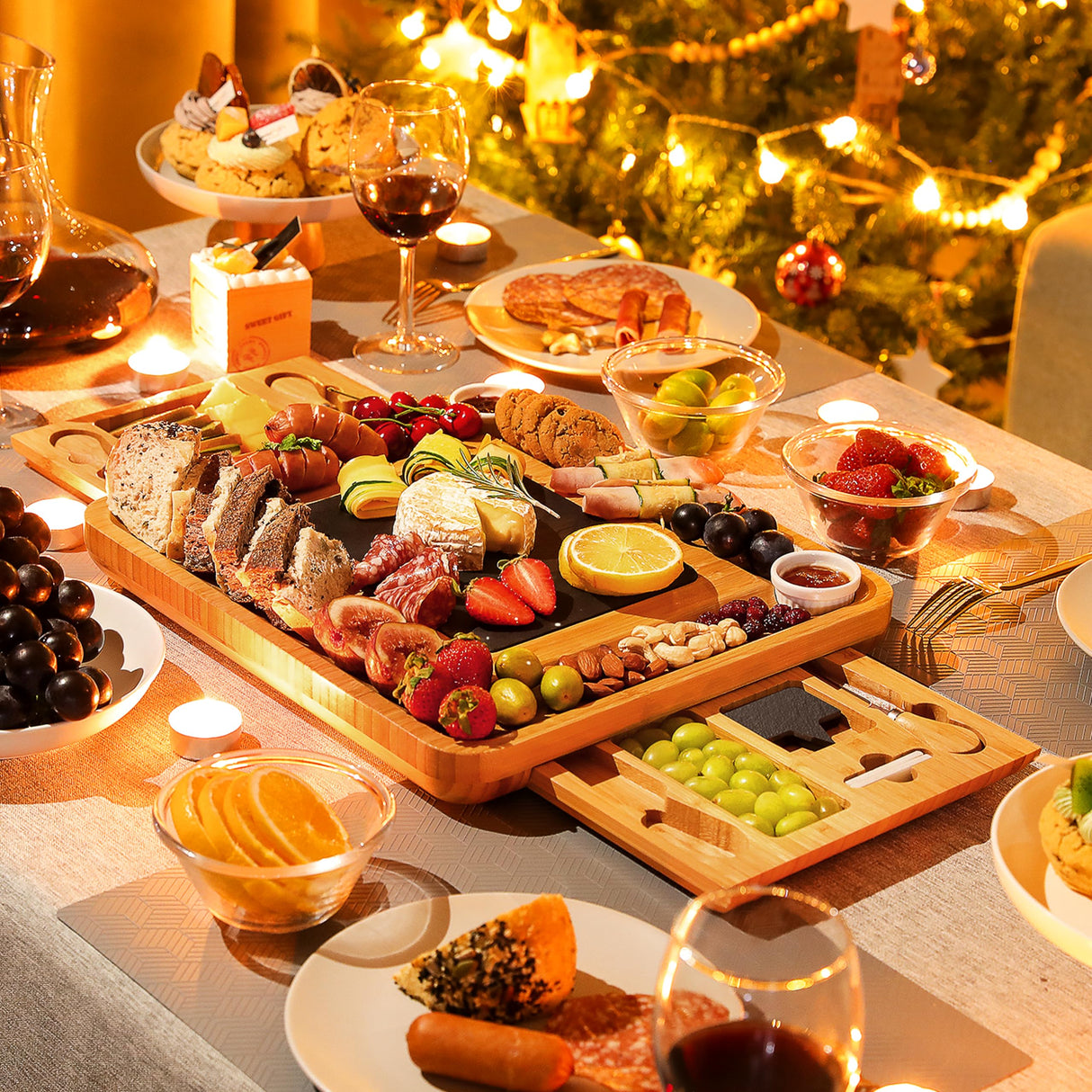 Easoger Large Bamboo Charcuterie Board with 2 Drawers, Knife and Bowls - Unique Housewarming, Wedding and Bridal Gift Easoger