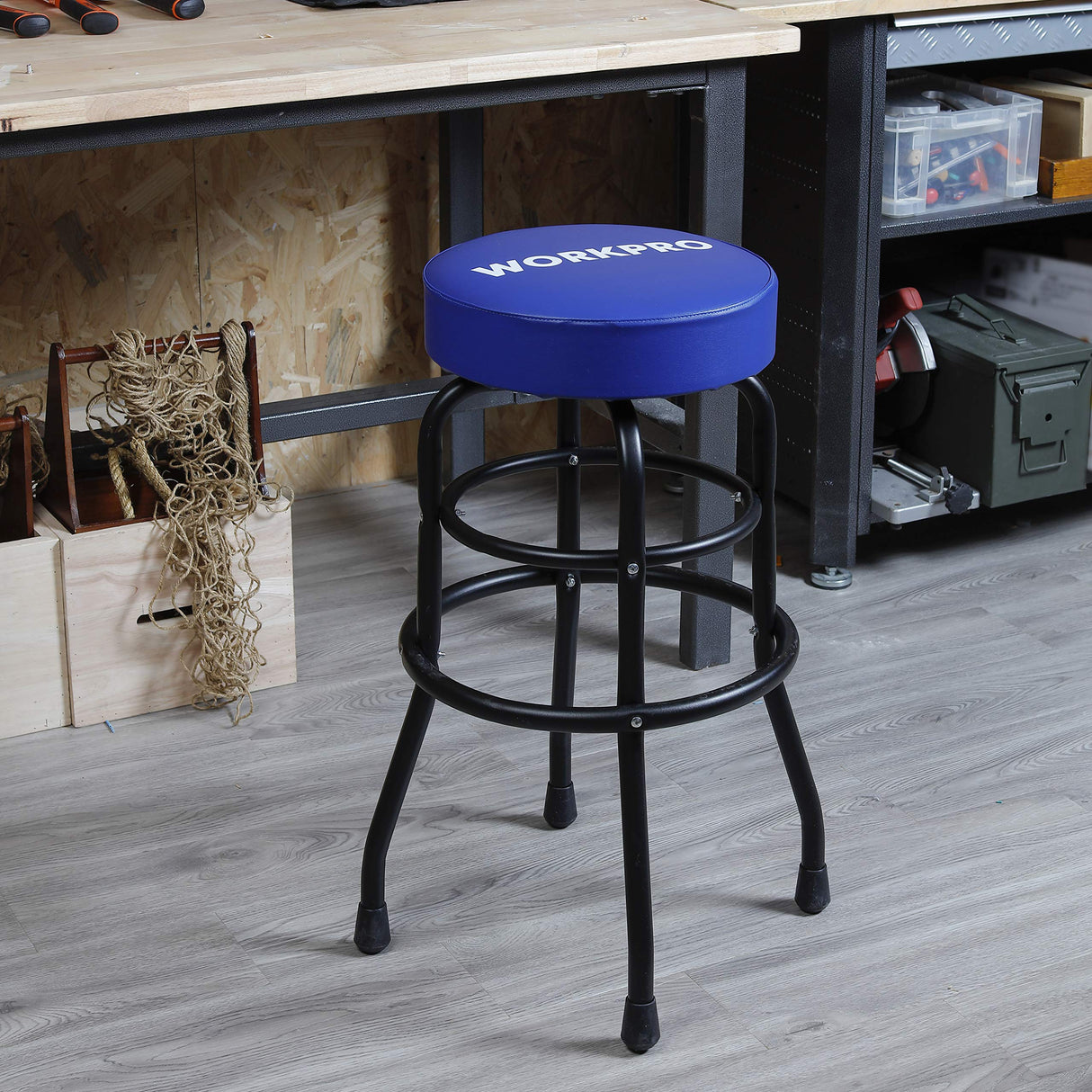 WORKPRO W112003 Garage Shop Stool, Heavy-Duty Steel Construction Garage Stool, Swivel Cushion Seat, Black Powder Coated Legs & Footrest (Single Pack) WORKPRO