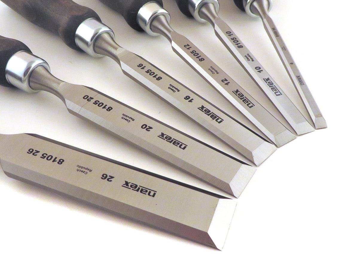 Narex 6 pc Set 6 mm (1/4), 10 (3/8), 12 (1/2), 16 (5/8), 20 (13/16), 26 (1-1/16) Woodworking Chisels in Wooden Presentation Box 853053 Narex