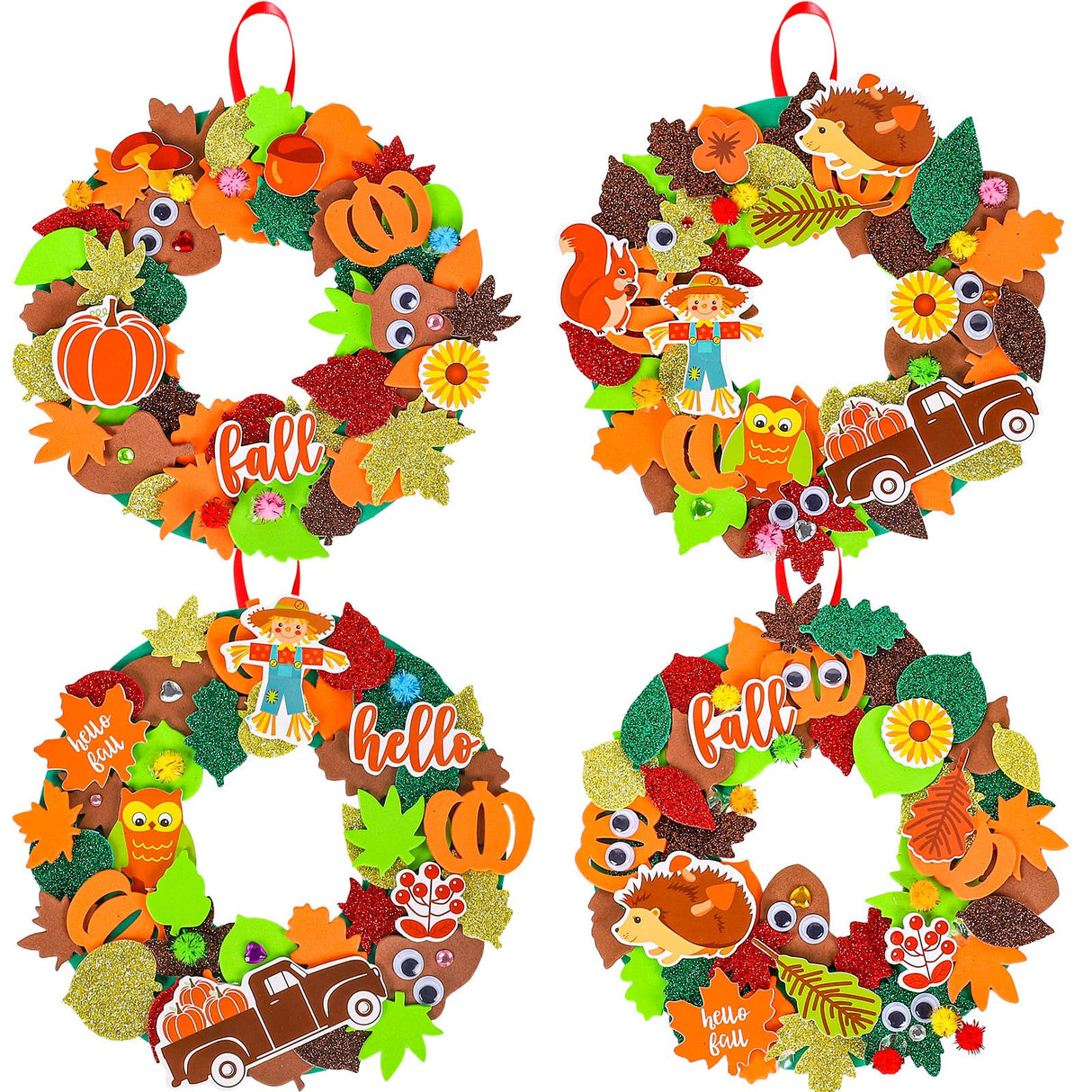 Whaline 12 Kits Fall Leaf Wreath Craft Kits Glitter Thanksgiving 3D Foam Wreath Signs with Maple Leaves Pumpkin Wiggle Eyes for Kids DIY Crafts Fall Whaline