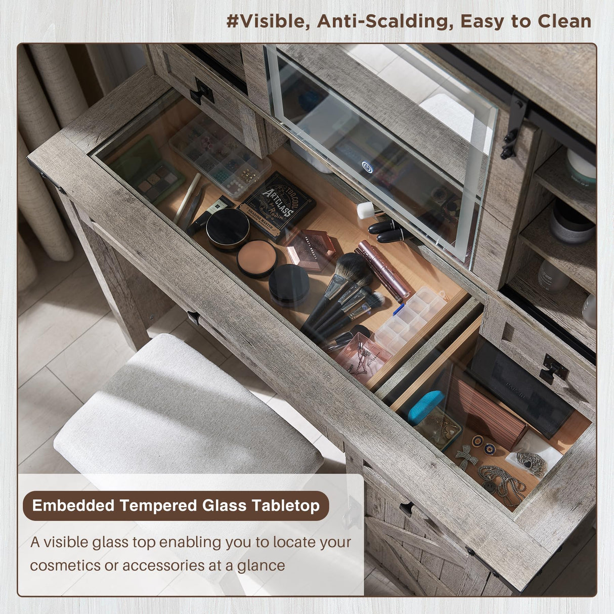 T4TREAM Farmhouse Makeup Vanity Desk with Sliding Mirror and Lights, 42'' Glass Tabletop Vanity Table with 2 Drawers & Shelves, Rustic Big Vanity Set T4TREAM