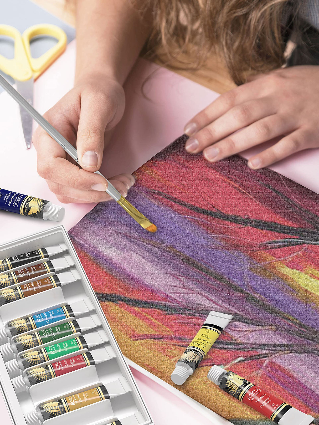 MyArtscape Artist Quality Painting Set - Acrylic Paint - 12 x 12ml Tubes with Miniature Paint Brushes - Set of 12 for Detail & Fine Point Painting MyArtscape