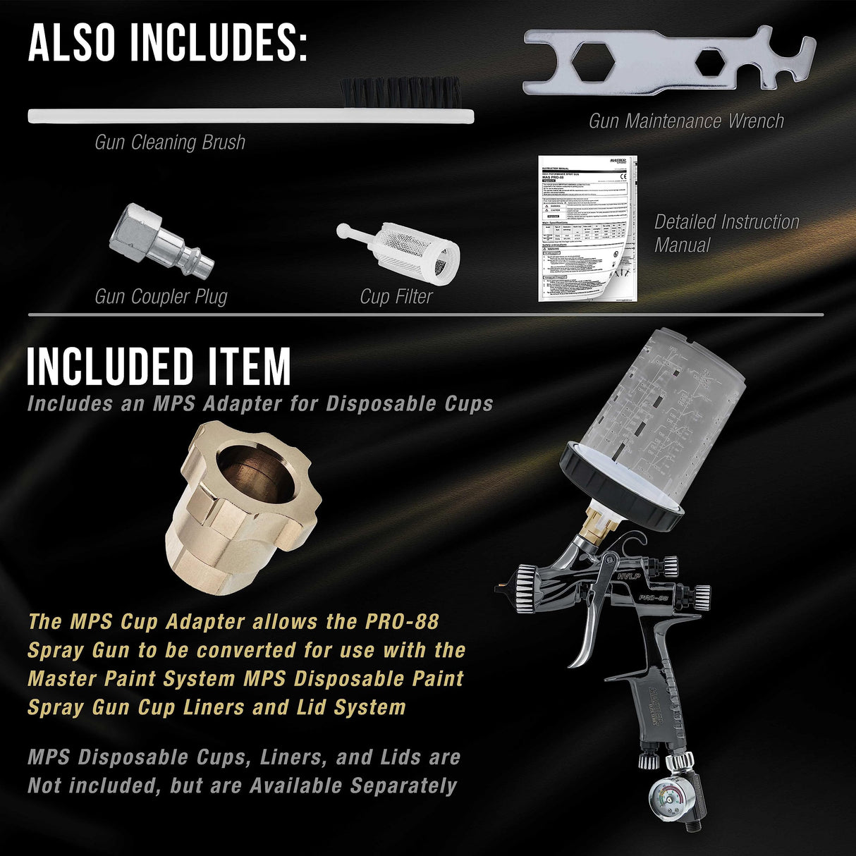Master Elite Performance PRO-88 Series HVLP Spray Gun Ultimate Kit with 3 Fluid Tip Sets 1.3, 1.4 and 1.8mm and Air Pressure Regulator Gauge, MPS Cup Master Airbrush