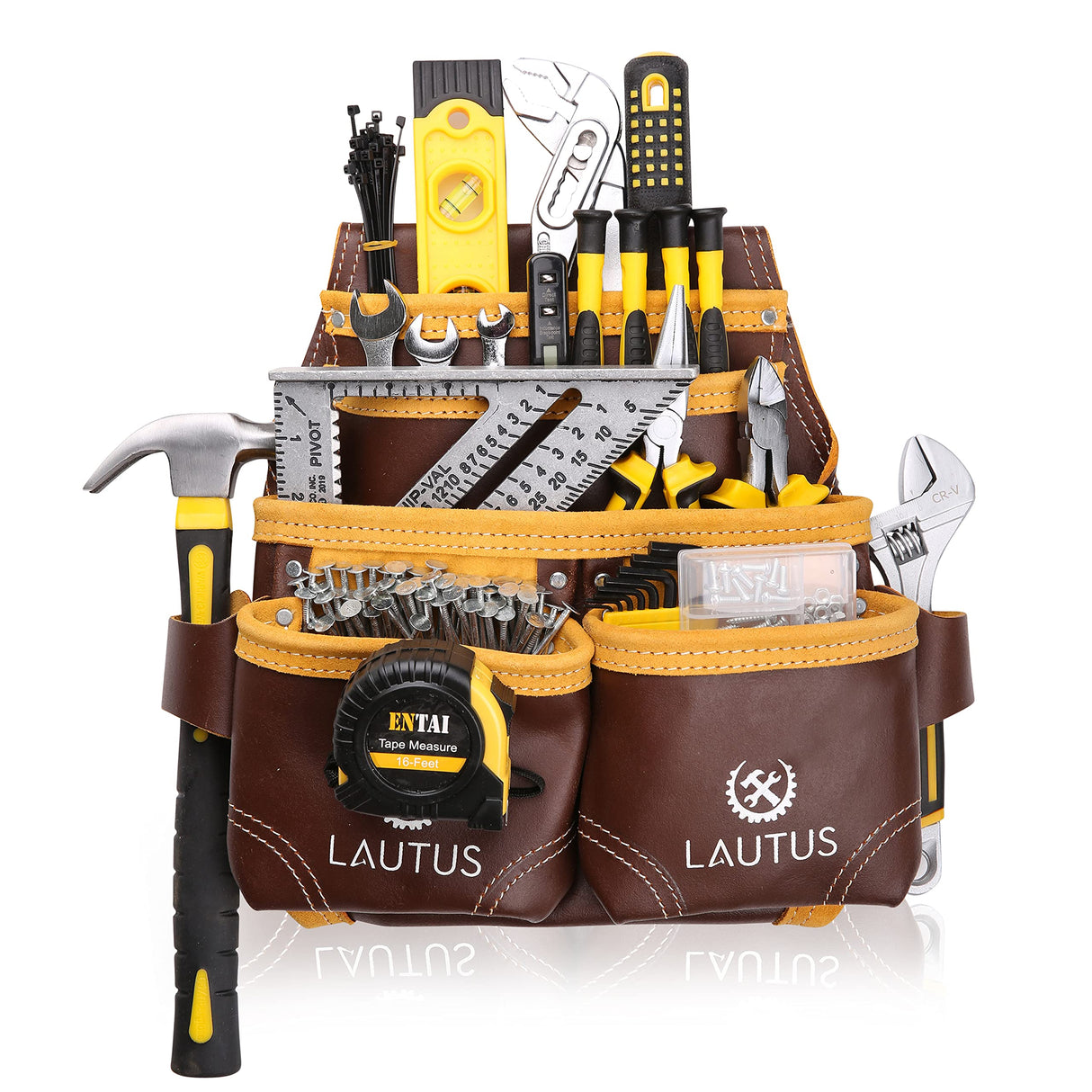 LAUTUS Oil Tanned Leather Tool Nail Pouch Bag |Cherry | Carpenter, Construction, Framers, Handyman | 5 Pockets, 2 Snap Loops | 100% Leather LAUTUS