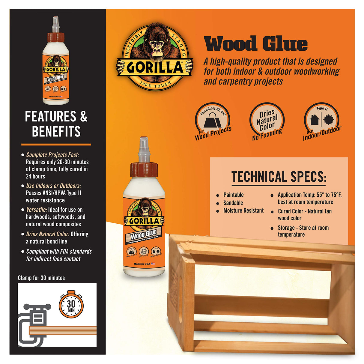 Gorilla Wood Glue, 8 Ounce Bottle, Natural Wood Color, (Pack of 2) Gorilla