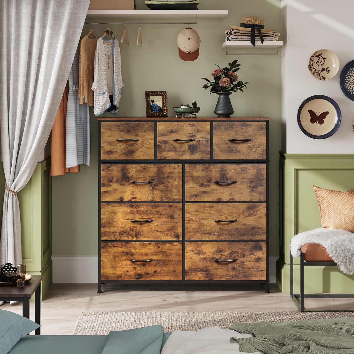 WLIVE 9-Drawer Dresser, Fabric Storage Tower for Bedroom, Hallway, Closet, Tall Chest Organizer Unit with Fabric Bins, Steel Frame, Wood Top, Easy WLIVE